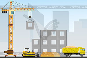 Construction site,crane and construction machinery - vector clipart