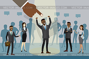 Cartoon businessman stand out of crowd spotlight - vector image