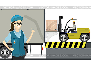 Forklift driver at work in storehouse - vector clip art