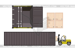 Грузовой контейнер - вид фасада и профиля, вилочный погрузчик - клипарт в векторе