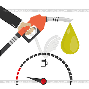 Fuel pump in hand man and fuel gauge. Holding fuel - vector image