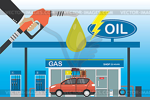 Gas station,red car and supermarket,Fuel pump in - vector clip art