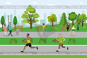 Public park and different active people - vector image