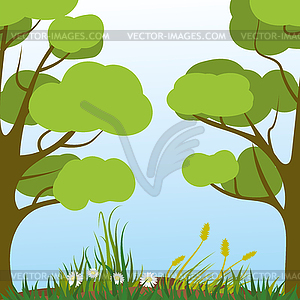 Природные пейзажи, деревья, растения и трава, - изображение в векторном виде