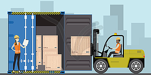 Forklift working with cargo container and product - vector image