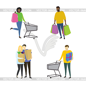 Покупатели разных людей с покупками в сумках, - векторная иллюстрация