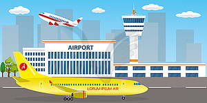 Airport buildings, control tower, runway and - vector clip art