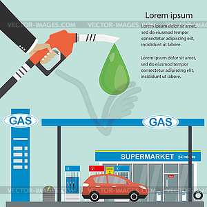 Fuel pump in hand man. Petrol station. Holding - royalty-free vector clipart