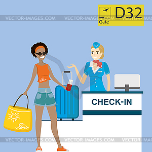 People in airport at registration desk. Vacation an - vector image
