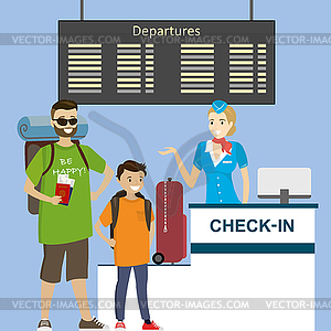 People in airport at registration desk. Vacation an - vector clipart