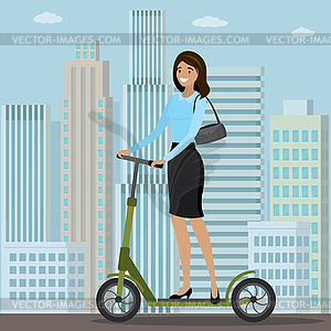 Caucasian Businesswoman riding on kick scooter to - vector clipart