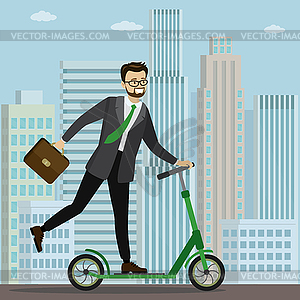 Caucasian Businessman riding on kick scooter to work - vector clip art
