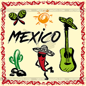 Funny mexico background with traditional symbols - vector image