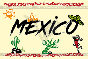 Funny mexico background with traditional symbols - vector image