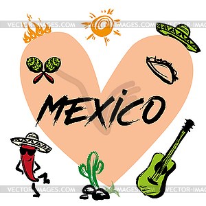Funny mexico card with traditional symbols,heart- - vector clipart