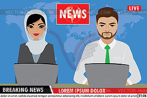 Arabic TV news anchors reporting breaking news - vector clipart