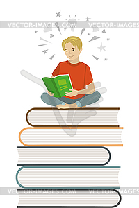 Cartoon boy teen sitting on books and read book, - vector image