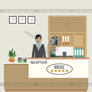 Reception interior with furniture and arabic woman - vector clipart