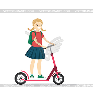 Caucasian girl on scooter,active teenager ba - vector clipart