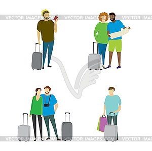 Different people travelers with suitcases - vector clip art