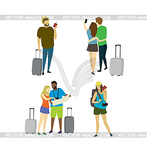 Different people travelers with suitcases - vector clip art