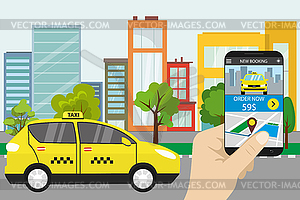 Такси на Городской улице, мобильное приложение такси - векторное изображение