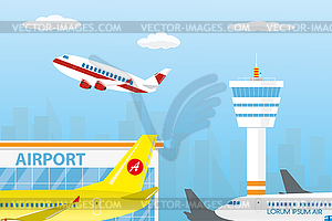 Airport buildings, control tower,different runway - vector image