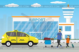 Father and son with luggage go on boarding in taxi - vector clipart