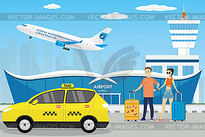 Man and woman with luggage go on trip,yellow taxi - vector image