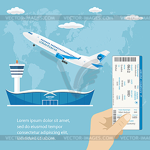 Take-off aircraft and hand holding boarding pass - vector image