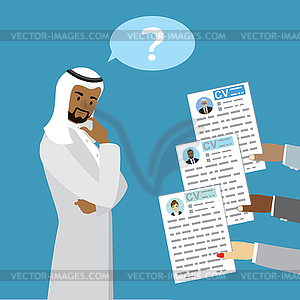 Arabic Businessman makes choice between CV - vector clip art