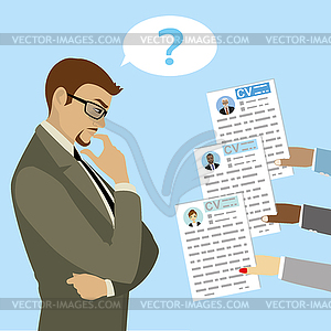 Caucasian Businessman makes choice between CV - vector image