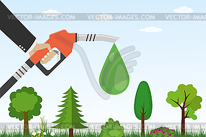 Gasoline pump with drop and green plants, - vector clipart