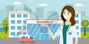 Автомобиль скорой помощи, здание больницы или поликлиники и - изображение в векторе