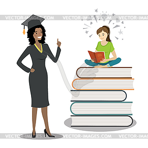 Happy african american female graduate in cloak - vector image