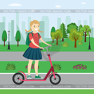 Caucasian girl on scooter,active teenager in park, - vector clipart