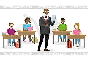 Students teens sitting in workplace and teacher - stock vector clipart