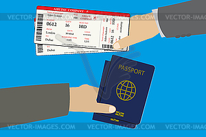 One hand give boarding pass tickets and second - vector image