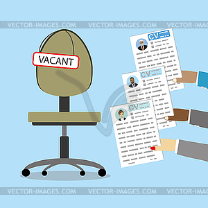 Sign vacant on chair,hands with cv resume, - vector clipart