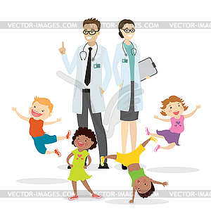 Couple of doctors and happy active kids,Children - vector image