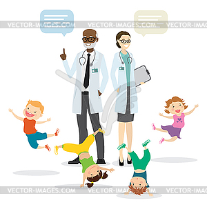 Couple of doctors and happy active kids,Children - vector image