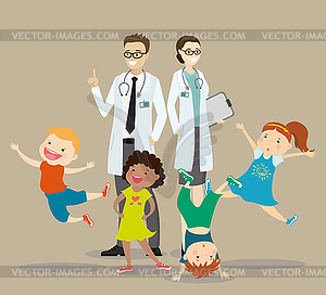 Couple of doctors and happy active kids,Children - vector clipart