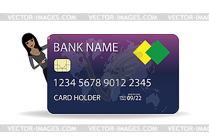 African american female holding credit card, - color vector clipart