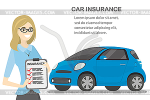 Cartoon woman shows car insurance blank,happy femal - vector clip art