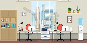 Empty office room,two workplaces,window,flower in - vector image