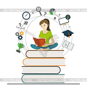 Cartoon girl teen sitting on books and read book, - vector clip art