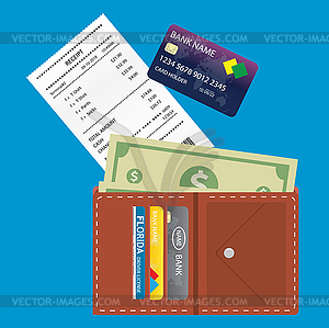 Пустая квитанция, кошелек с деньгами и кредитной картой, на - векторное изображение клипарта