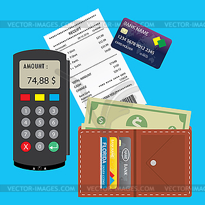 POS terminal,Blank receipt,wallet with money and - vector clipart