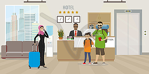 Modern Hotel reception Interior flat design.People - vector clipart