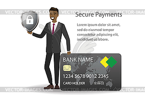 Male with credit card and shield with lock,secure - royalty-free vector clipart